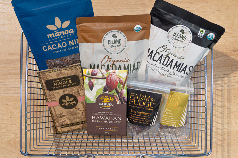 A basket of Hawaii brands and pantry favorites available at House of Mana Up