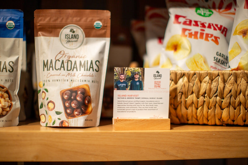 Packaging of Island Harvest chocolate covered macadamia nuts.