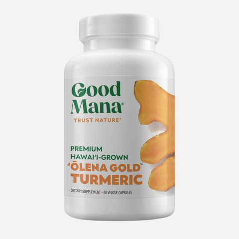 A white plastic bottle of Good Mana 'Olena Gold Turmeric' dietary supplement with a white cap, set against a light gray background.