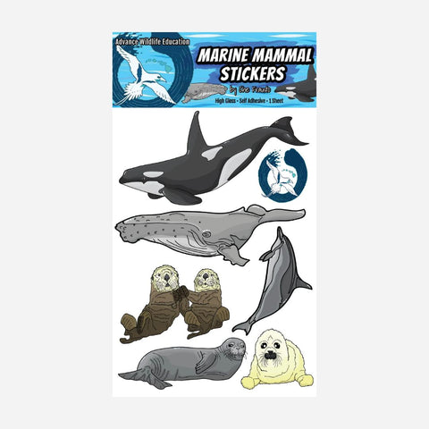 Marine mammal stickers including an orca, whale, dolphin, and seals on a white background with 'Marine Mammal Stickers' packaging.