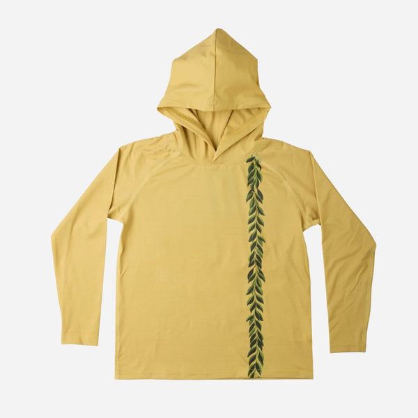 Yellow hoodie with a green leaf design on a white background