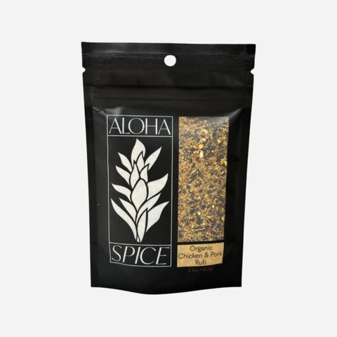 Black spice packet with Aloha Spice branding on a white background
