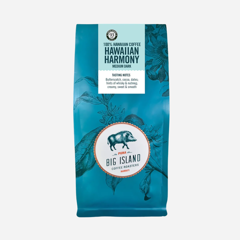 Hawaiian Harmony coffee bag with branding on a light gray background