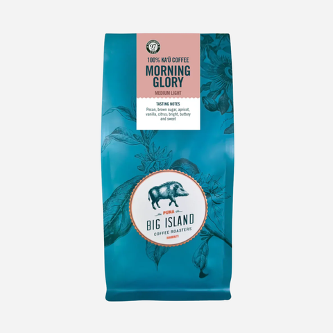 Coffee bag labeled 'Morning Glory' from Big Island Coffee Roasters on a white background