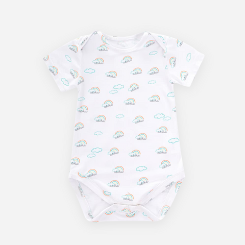 White baby onesie with rainbow and cloud pattern on a white background