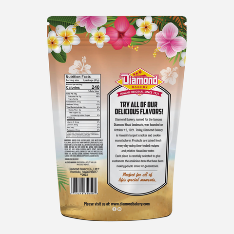 Diamond Bakery product packaging with tropical flowers and nutrition label on a white background