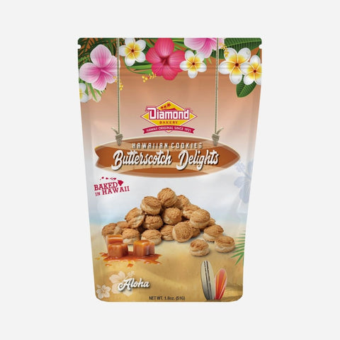 Packaging of Diamond Hawaiian Cookies Butterescotch Delights with tropical design elements.