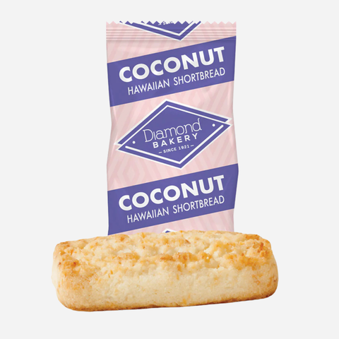Coconut Hawaiian shortbread with Diamond Bakery packaging on a white background