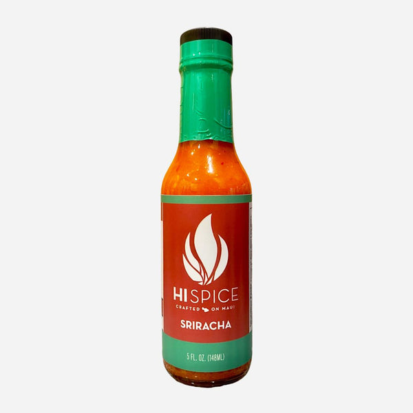 Bottle of Hispice Sriracha hot sauce on a white background