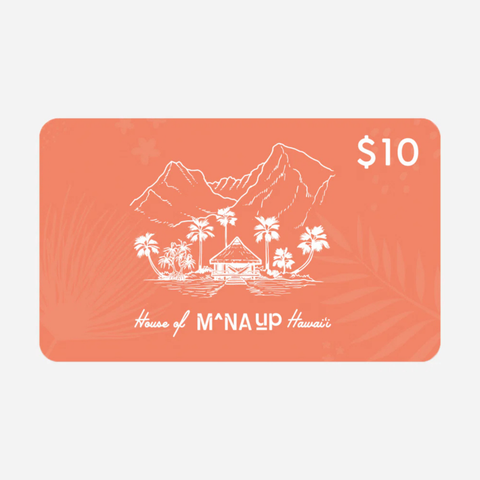 Orange gift card with a mountain and hut design, featuring 'House of Manaup Hawaii' text.