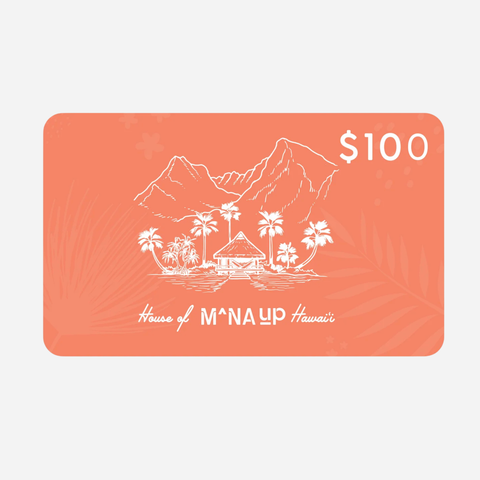 Gift card with a mountain and palm tree design on an orange background, featuring 'House of Manoa Hawaii'.