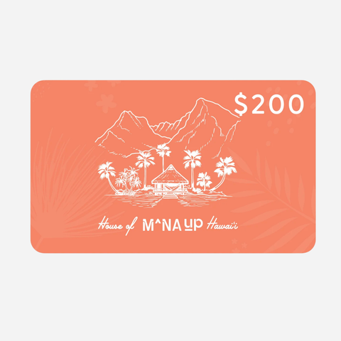 Gift card with a scenic design and 'House of Manoa' branding on an orange background