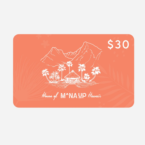 Gift card with a mountain and palm tree design, featuring 'House of M'NAULP Hawaii' on an orange background.