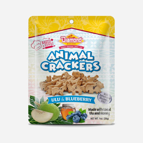 Packaging of Diamond Animal Crackers with Ulu & Blueberry flavor on a white background