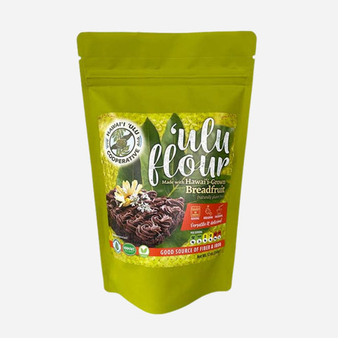 A 12 oz bag of Hawai'i 'Ulu Cooperative Ulu Breadfruit Flour, with an image of the breadfruit on the front and product information.