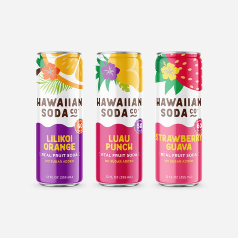Three cans of Hawaiian Soda Co. on a white background