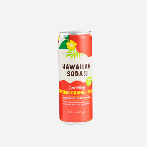 Hawaiian Soda Co. can of sparkling passion orange guava on a white background