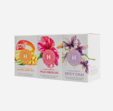 Three tea boxes from Hobbs Tea displayed side-by-side on a light gray background.