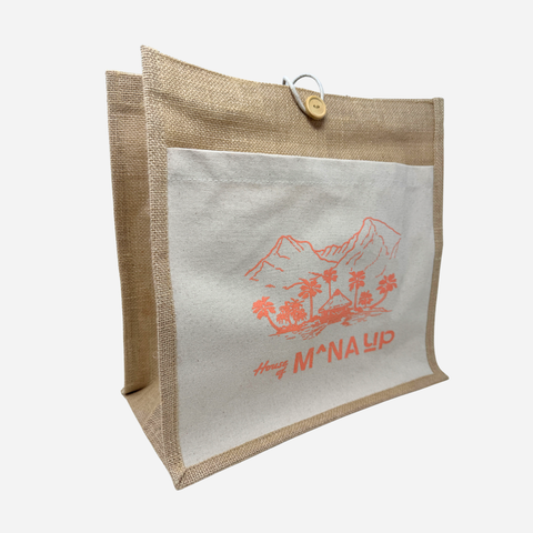 Jute bag with a printed design and text on a white background