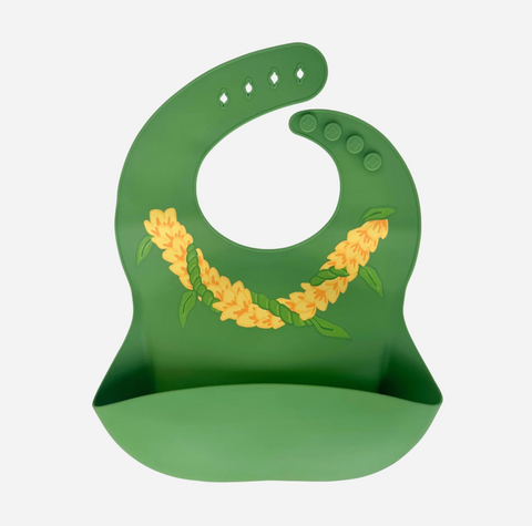 A green silicone baby bib with a yellow floral garland design, shown on a plain light gray background.