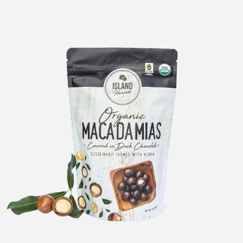 Bag of Island Harvest Organic Macadamias Covered in Dark Chocolate on a white background