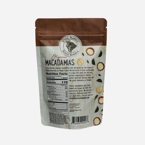 Package of organic macadamias with branding and nutritional information on a white background