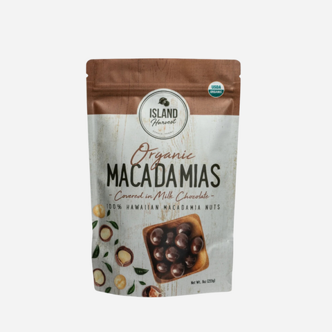 Packaging of Island Harvest Organic Macadamias Covered in Milk Chocolate on a white background
