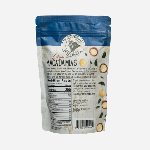 Packaging of Organic Macadamias with branding and nutritional information on a white background