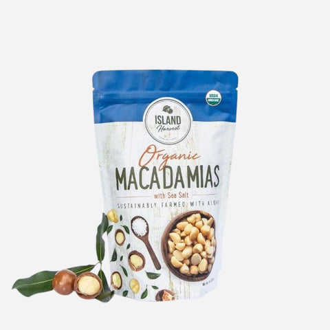 Bag of Island Harvest Organic Macadamias with Sea Salt on a white background