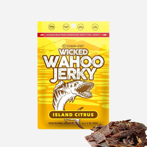Wicked Wahoo Jerky packaging with jerky pieces on a white background