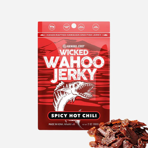 Wicked Wahoo Jerky Spicy Hot Chili package with jerky on a white background