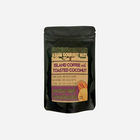 Kauai Gourmet Nuts Island Coffee with Toasted Coconut packaging on a white background
