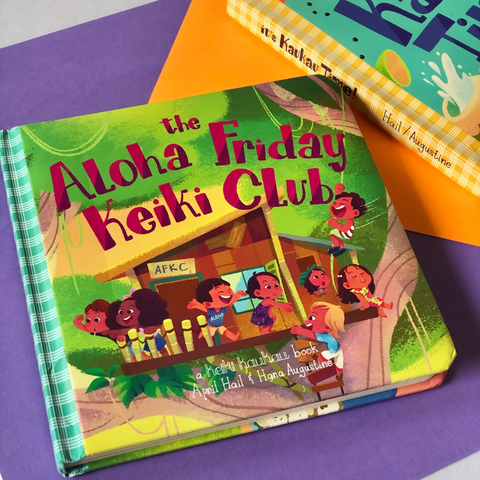 Children's book titled 'The Aloha Friday Heiki Club' on a colorful background