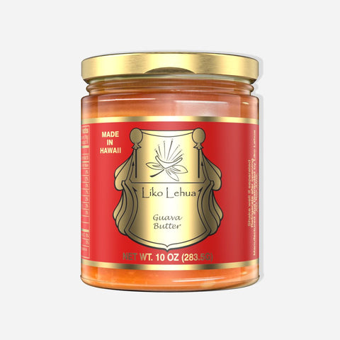Jar of Liko Lehua Guava Butter with red label and gold accents on a white background