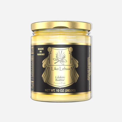 Jar of Liko Lehua Lilikoi Butter with gold lid on a white background