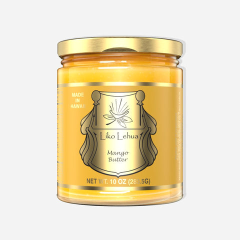 Gold jar of Liko Lehua Mango Butter on a white background