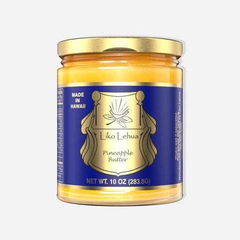 Jar of Liko Lehua Pineapple Butter with gold lid and blue label on a white background