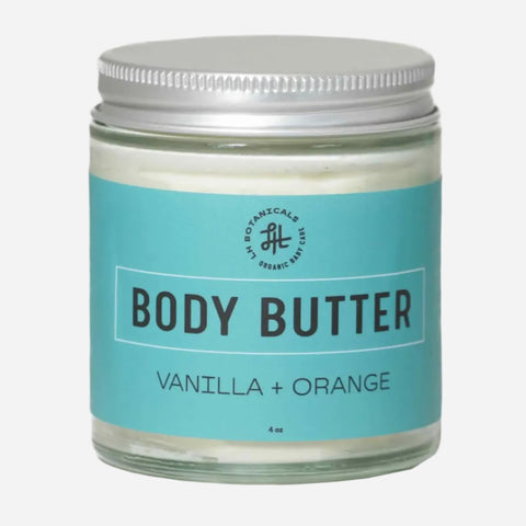 Jar of body butter with a blue label on a white background