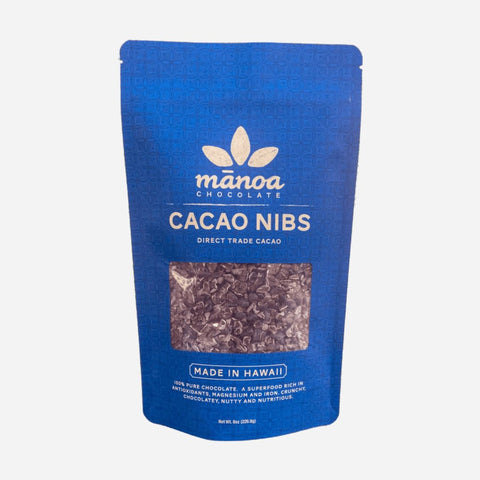 Blue package of Manoa Chocolate Cacao Nibs on a white background