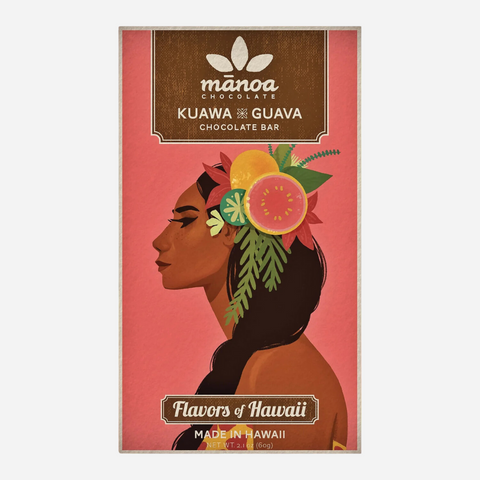 Manoa Chocolate Kuawa Guava bar packaging with a woman's profile and tropical elements on a red background