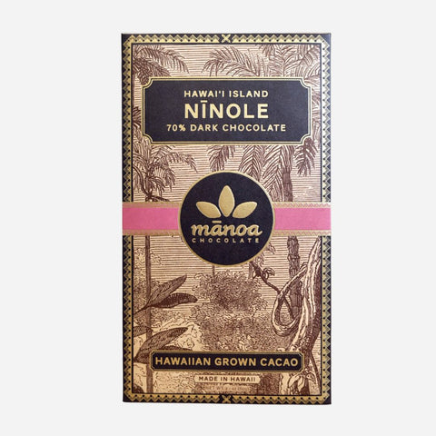 Manoa Chocolate Hawaii Island Ninole 70% dark chocolate bar packaging on a white background