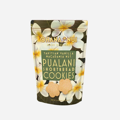 Packaging of Ohana Nui Pualani Shortbread Cookies with floral design on a light gray background