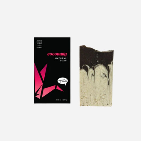 Coconut natural soap packaging with a bar of soap on a white background