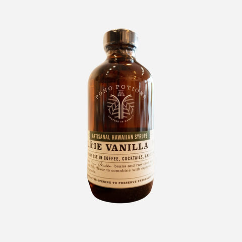 Bottle of Pono Potions A'i'e Vanilla syrup on a white background