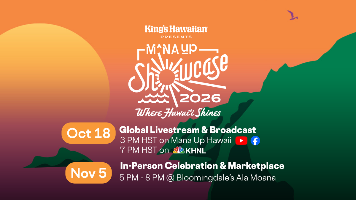 Promotional graphic for King's Hawaiian Presents 'Māna Up Showcase 2026' with stylized sunset and mountain silhouettes. White event text is centered, with orange date boxes reading 'Oct 18' and 'Nov 5' and event details for a global livestream and in-person celebration in Aloha, Hawaii.
