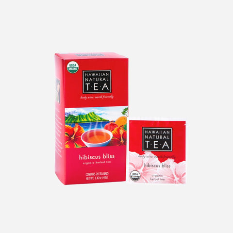 Packaging of Hawaiian Natural Tea Hibiscus Bliss flavor with 20 tea bags. 