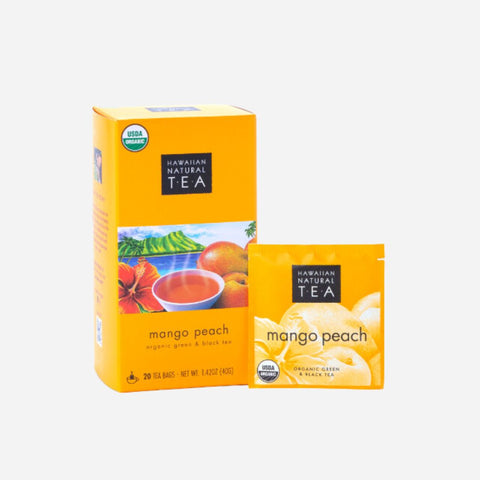 Hawaiian Natural Tea mango peach tea packaging on a white background