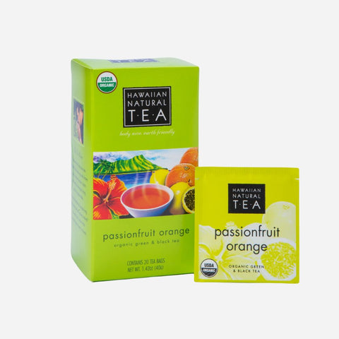 Hawaiian Natural Tea packaging for passionfruit orange tea on a white background