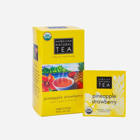 Packaging of Hawaiian Natural Tea Pineapple Strawberry flavor with 20 tea bags.