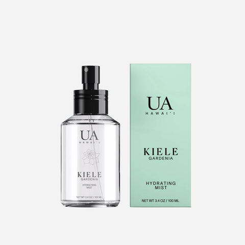 UA Hawaii Kiele Gardenia hydrating mist bottle and packaging on a white background